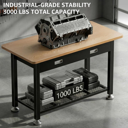 47.2" Heavy Duty Work Bench with Drawer and Storage for Garage, Small Wood Top and Metal Work Table for Crafts, 3D Printer Reloading Bench