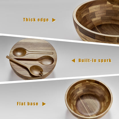 ECWAY Acacia Wooden Salad Bowl with Lid, Built-in Acacia Wood Utensils, 10.5" Large Wood Serving Bowls for Fruits, Salad, and Vegetables, Big Wood Salad Bowls Set 4-Piece, All-in-One Design