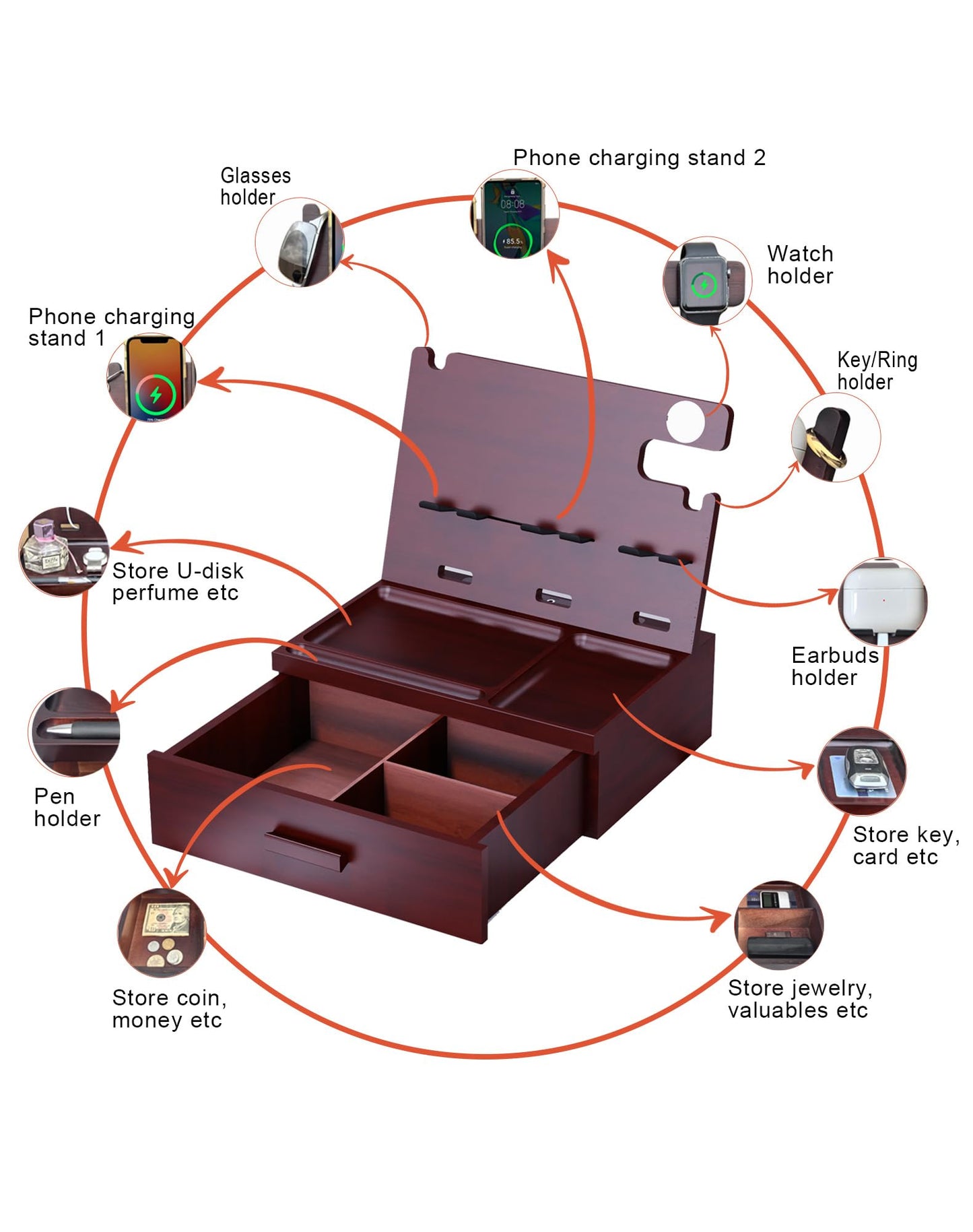 Nightstand Organizer with Drawer Built in 4 USB Charger, Wood Phone Docking Station with Dual Phone Charging Station for Apple Android Phones Anniversary Birthday Gifts for Men Dad Hunsband Mom