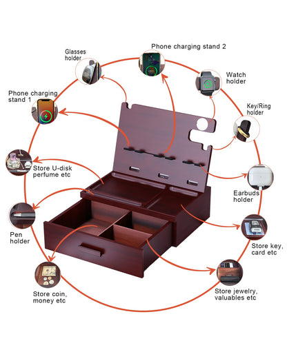 Nightstand Organizer with Drawer Built in 4 USB Charger, Wood Phone Docking Station with Dual Phone Charging Station for Apple Android Phones Anniversary Birthday Gifts for Men Dad Hunsband Mom