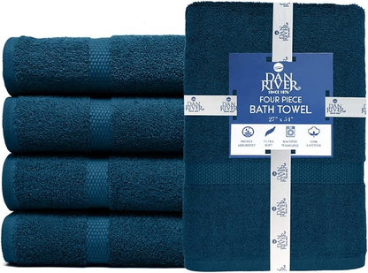 DAN RIVER Bath Towels Set of 4, 27 x 54 Inches, 100% Cotton, Larger & Lighter