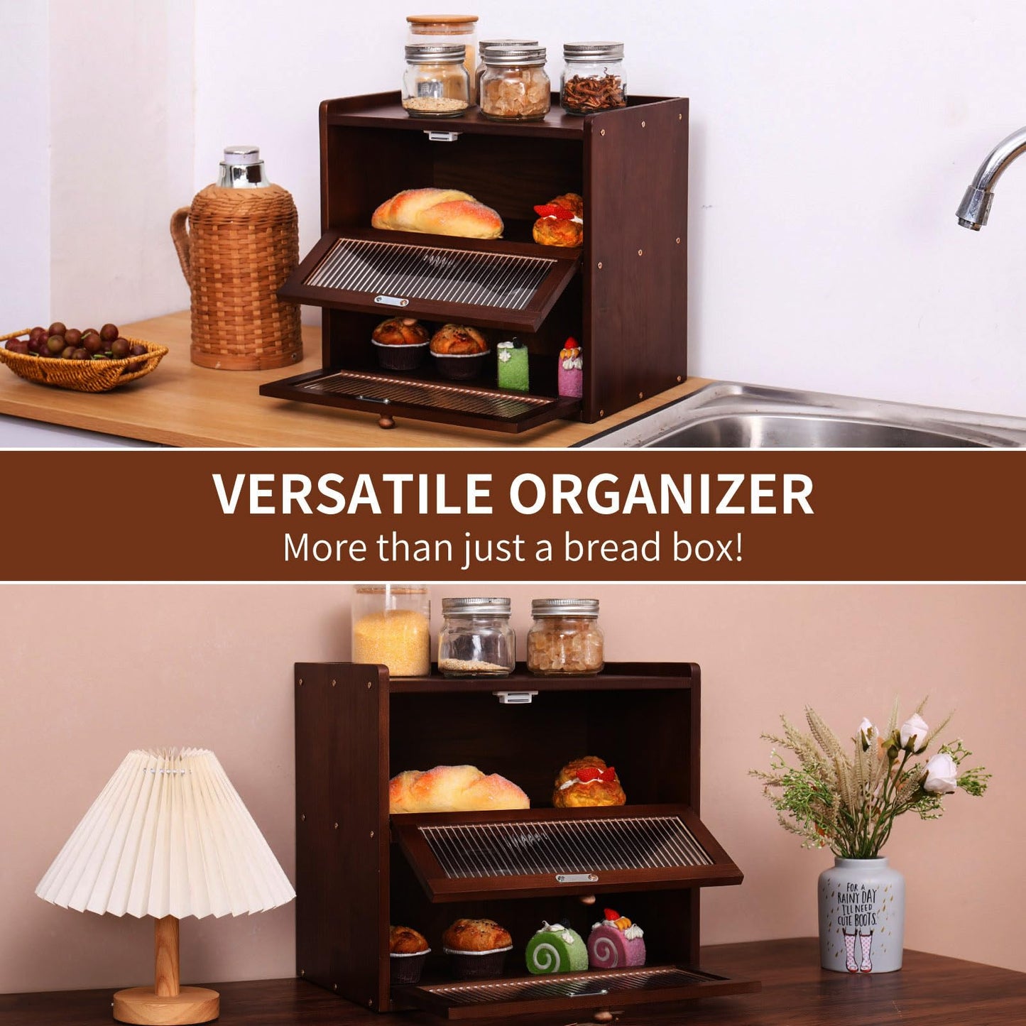 FDHUIJIA Double 2 Layer Large Bread Box for Kitchen Counter, Wooden Bread Storage Container Organizer Holder with Acrylic Window (brown)