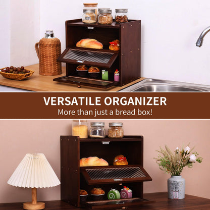 FDHUIJIA Double 2 Layer Large Bread Box for Kitchen Counter, Wooden Bread Storage Container Organizer Holder with Acrylic Window (brown)