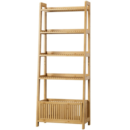Bamjoy Bamboo Ladder Shelf, Bookshelf with 4 Display Shelves and 1 Open Storage Basket, Multifunctional Storage Rack Organizer for Home Office, Bedroom, Living Room, 66” H Natural