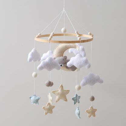 Baby Crib Mobile – Handmade Moon Bear Nursery Mobile, Mobile for Crib Neutral Felt Clouds Stars Hanging Toy, Beech Wood Ring Bassinet Mobile Baby Mobile Decor Gift