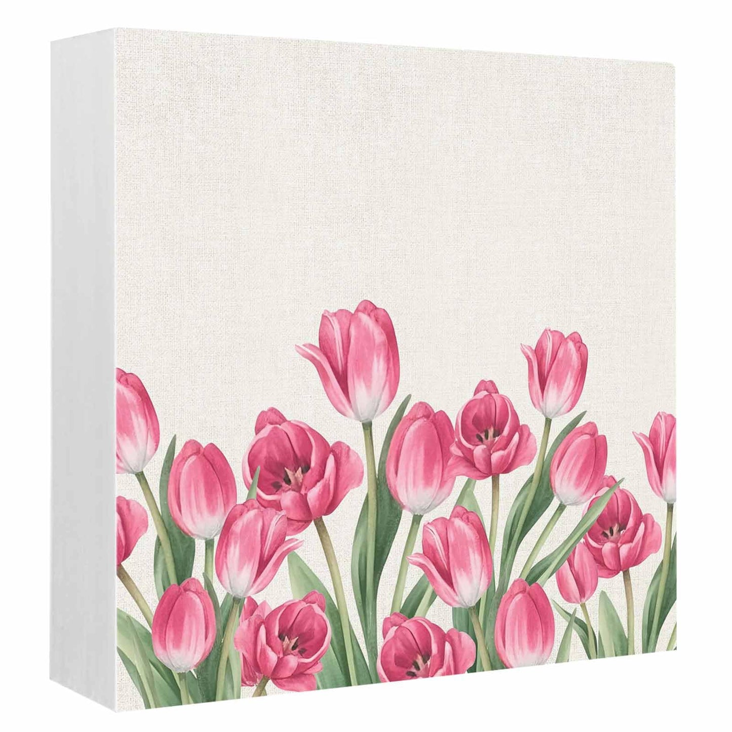 Wood Box Sign Desk Decor Rustic Spring Tulips Linen Texture Square Boxes Sign, Farmhouse Pink Flower Wooden Block Box Sign Decoration for Home Wall Tabletop Shelf Office Decor,6x6IN
