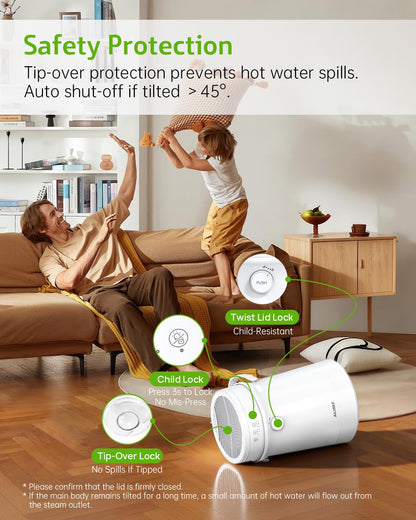 Stainless Steel Humidifier for Bedroom, Warm Mist Steam Humidifier 4L with Self-Cleaning Mode, Easy Clean Dishwasher Safe Humidifiers for Large room Living Room Home Office, Tip-Over Protection, White