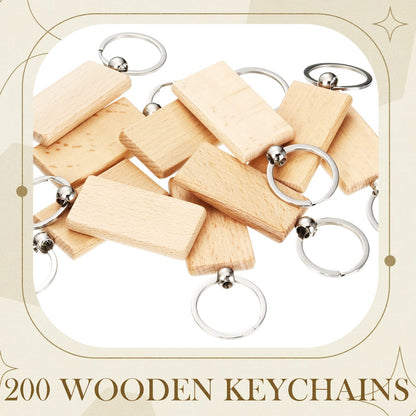 Bucherry 200 Pcs Wooden Keychain Blanks Wood Key Chains Bulk Laser Engraving Wooden Keychain Blanks Unfinished Rectangle Key Ring Tag for DIY Gift Crafts