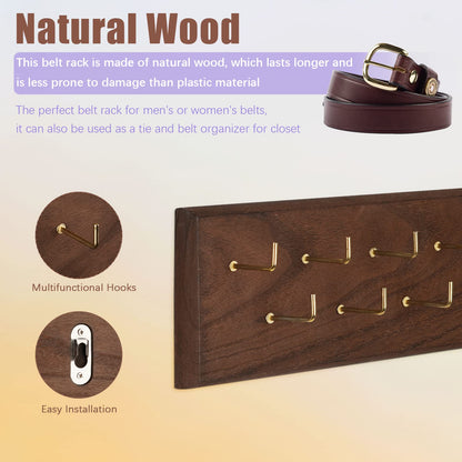 Creproly Belt Organizer - Wall Mounted Hanger for Closet, Holds Over 28 Belts - Wooden Rack with Tie and Scarf Storage (Brown)