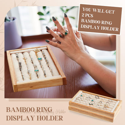 Novabright 2 Pcs Bamboo Ring Holder, 5 Slot Rings Display Tray Stand, Jewelry Rings Earrings Tray Storage Organizer for Selling Retail Exhibitions (Beige)