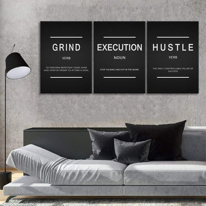 Large Success Quote Inspirational Wall Art Motivational Grind Hustle Execution Painting Entrepreneur Office Posters Prints Canvas Artwork 3 Panels Wall Decor for Office Framed Ready to Hang- 24"x36"x3