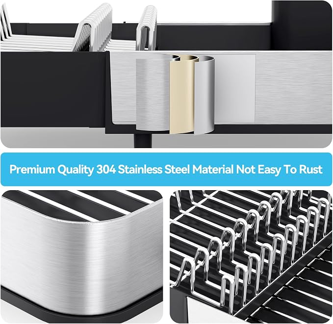 Urackify Dish Drying Rack - Dish Drainer for Kitchen Counter, Stainless Steel Dish Rack with Swivel Draining Spout & Drain Board, Expandable Space-Saving Kitchen Dish Organizer for 3-4 People, Black