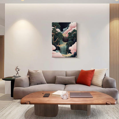 Framed Japanese Waterfall Landscape Picture Pink Clouds Wall Art Decor Canvas Print Nature Print Artwork Poster Gallery Bedroom Living Room Office 12x16 Inch Ready to Hang