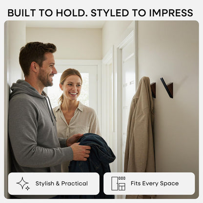 Homeforia Walnut Wood Coat Hooks, High End Walnut Wood & Black Metal Wall Mounted Coat Hooks, Mid-Century Modern Clothes Hooks, Heavy Duty Wooden Hooks for Hanging Coats, Hats, Towels & More, Set of 2