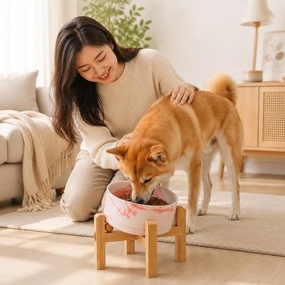 hjn Elevated Ceramic Dog Bowl 15°Slanted Raised Dog Bowl with Bamboo Stand for Small Medium Dogs and Cats, Pet Feeder -3.6-Cup (850ml)-Marble Pink