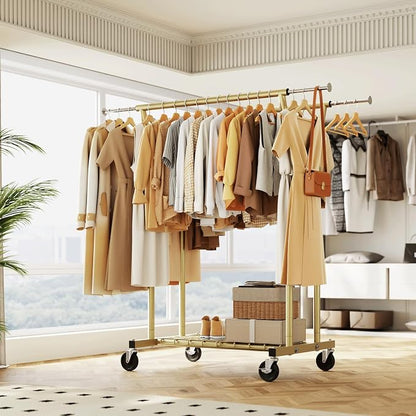 HYSEYY Heavy Duty Clothes Rack, Rolling Clothing Rack for Hanging Clothes with Shelves Load 700LBS,Portable Garment Wardrobe Closet Rack with Wheels for Bedroom,Laundry Room,Retail Store(Gold)