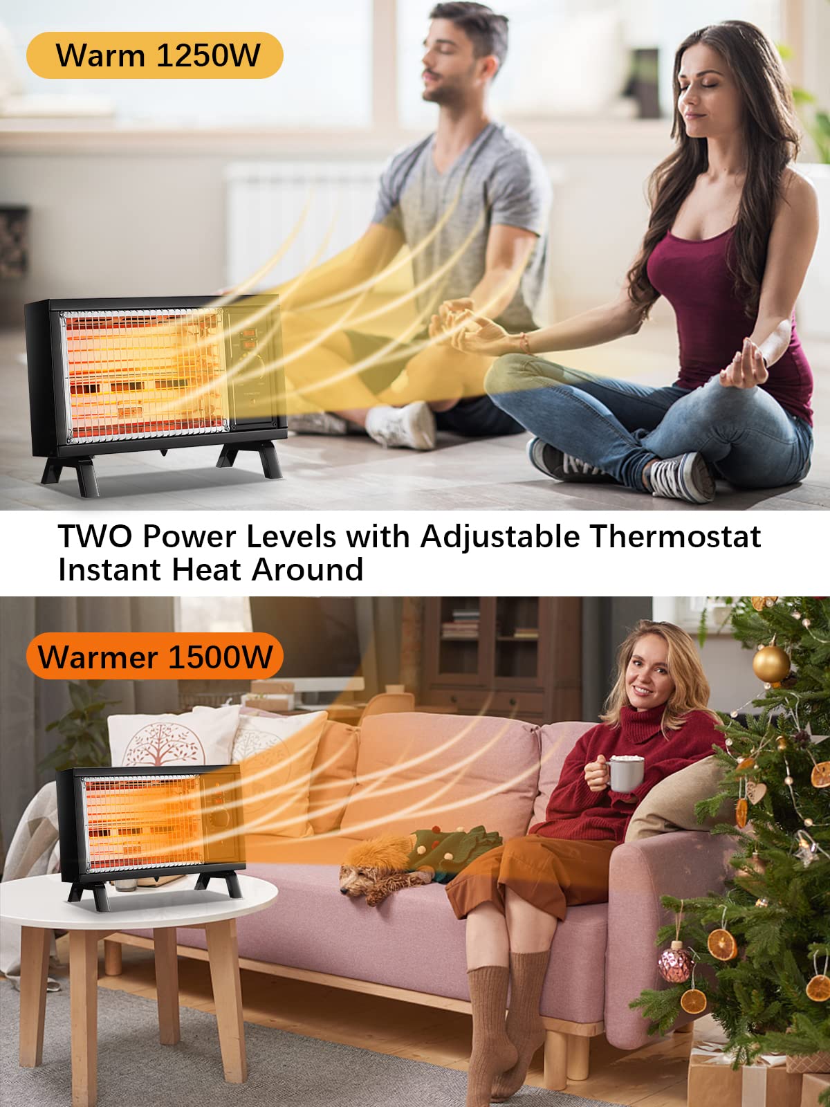 JASUN Portable Space Heater Electric Radiant Heater Fast Heating with Adjustable Thermostat, Portable Indoor Heater with Handle Quiet Energy-Saving 1250W/1500W for Office Home Garage Bedroom Black