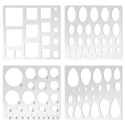 4 Pcs Metal Geometric Stencils Set Circle Ellipse Square Teardrop Templates for Drafting Round Stencil Jewelry Making Art Oval Tool Metric Ruler for Office and DIY Bracelets Earrings Craft