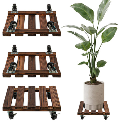 Yiksonyo 12 Inch Wooden Plant Caddy with Wheels, 4 Pack Rolling Plant Stand, Heavy Duty Indoor Outdoor Use, 360° Lockable Casters, Brown, Supports 132 lbs