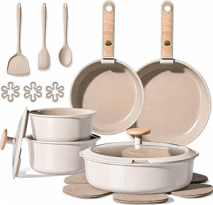 CAROTE Ceramic Pots and Pans Set, Cookware Set Detachable Handle, 19 Pcs Induction Kitchen Cookware Sets Non Stick with Removable Handle, RV Cookware Set, Oven Safe, Elegant White, Mothers Day Gifts