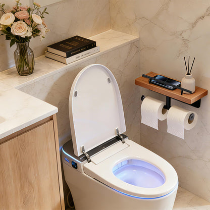Toilet Paper Holder with Wood Shelf, Wall Mount Toilet Paper Roll Holder with Wooden Shelf and Matte Black Stainless Steel Pipe, Tissue Roll Holder for Bathroom Washroom (Light Brown, 13.8'' x 5.9'')