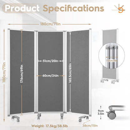 SWANCROWN Folding Office Partition 3-Panel Room Divider 71x71 in, Sliding Privacy Screen Portable Temporary Wall for Cubicle, Studio & Home Office, Soundproof Grey Felt