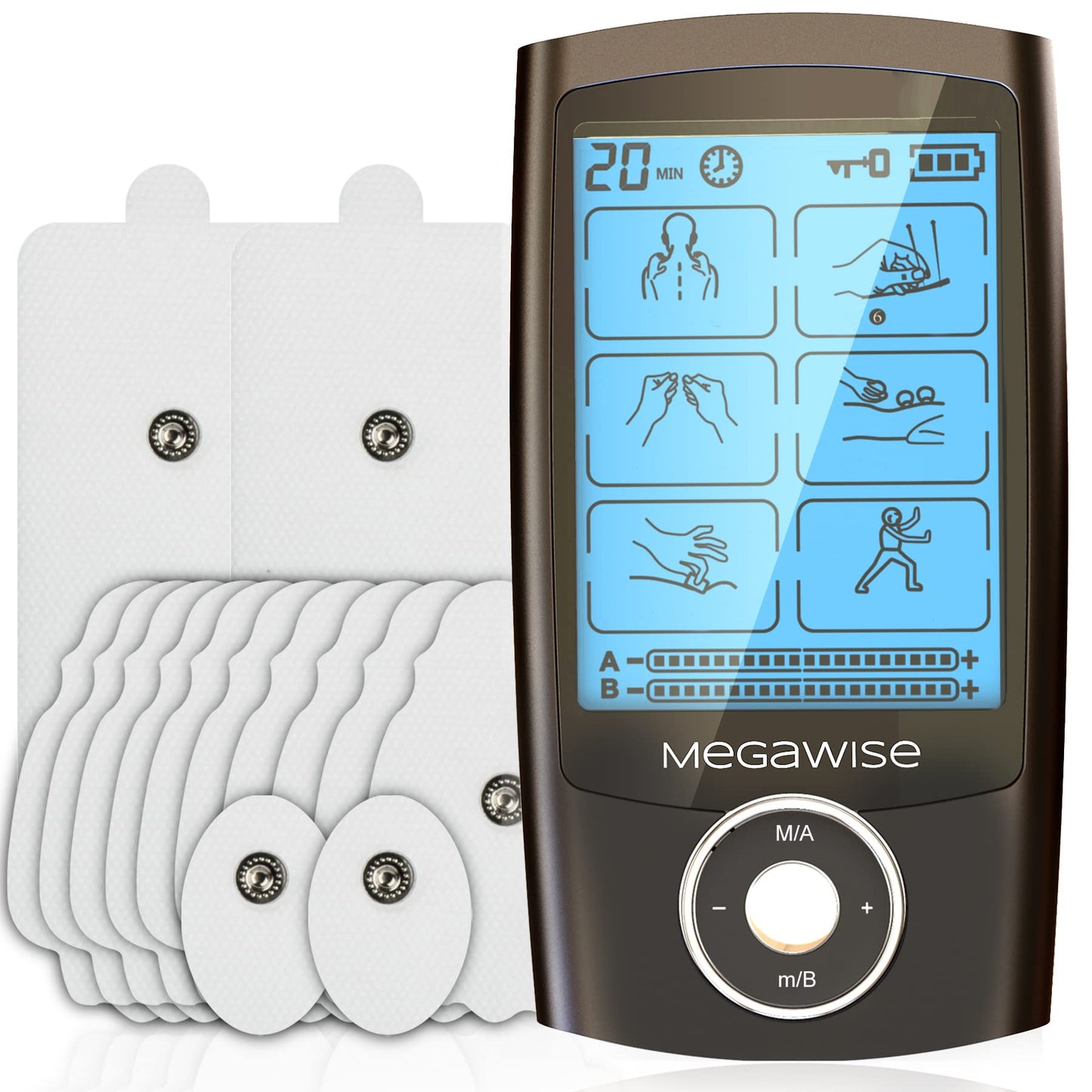 MegaWise 48 Modes（24 * 2） Dual Channel EMS TENS Unit Muscle Stimulator with 14Pcs Reusable Electrode Pads. Rechargeable Continuous Mode Electronic Pulse Massager with Storage Pouch/Pads Holder