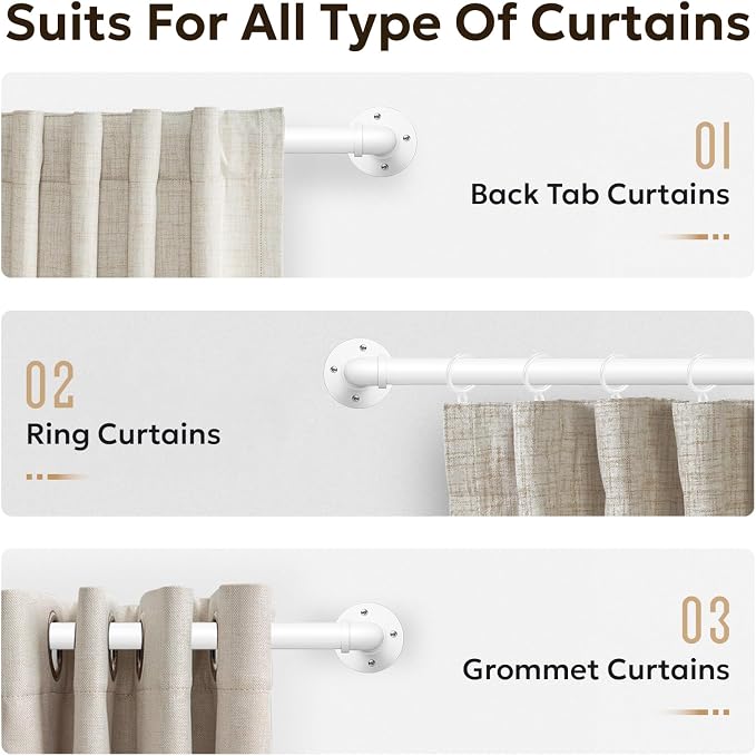 Zeerobee Curtain Rods for Windows 66 to 120, 1 Inch Industrial Wrap Around White Curtain Rod, Indoor/Outdoor Room Divider Adjustable Drapery Pole, 66"-120"