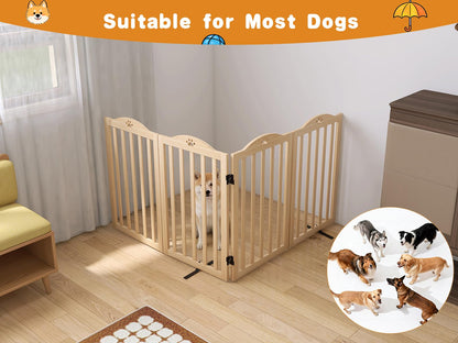 Oapety Wooden Dog Gate Indoor, 31.5" H Freestanding Doggy Gate, No-Painted Folding Cute Puppy Fence for Doorways Stairs Hallways, 4 Panels
