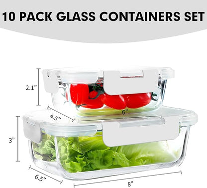 VERONES 10Pack Glass Meal Prep Containers, Airtight Glass Lunch Containers