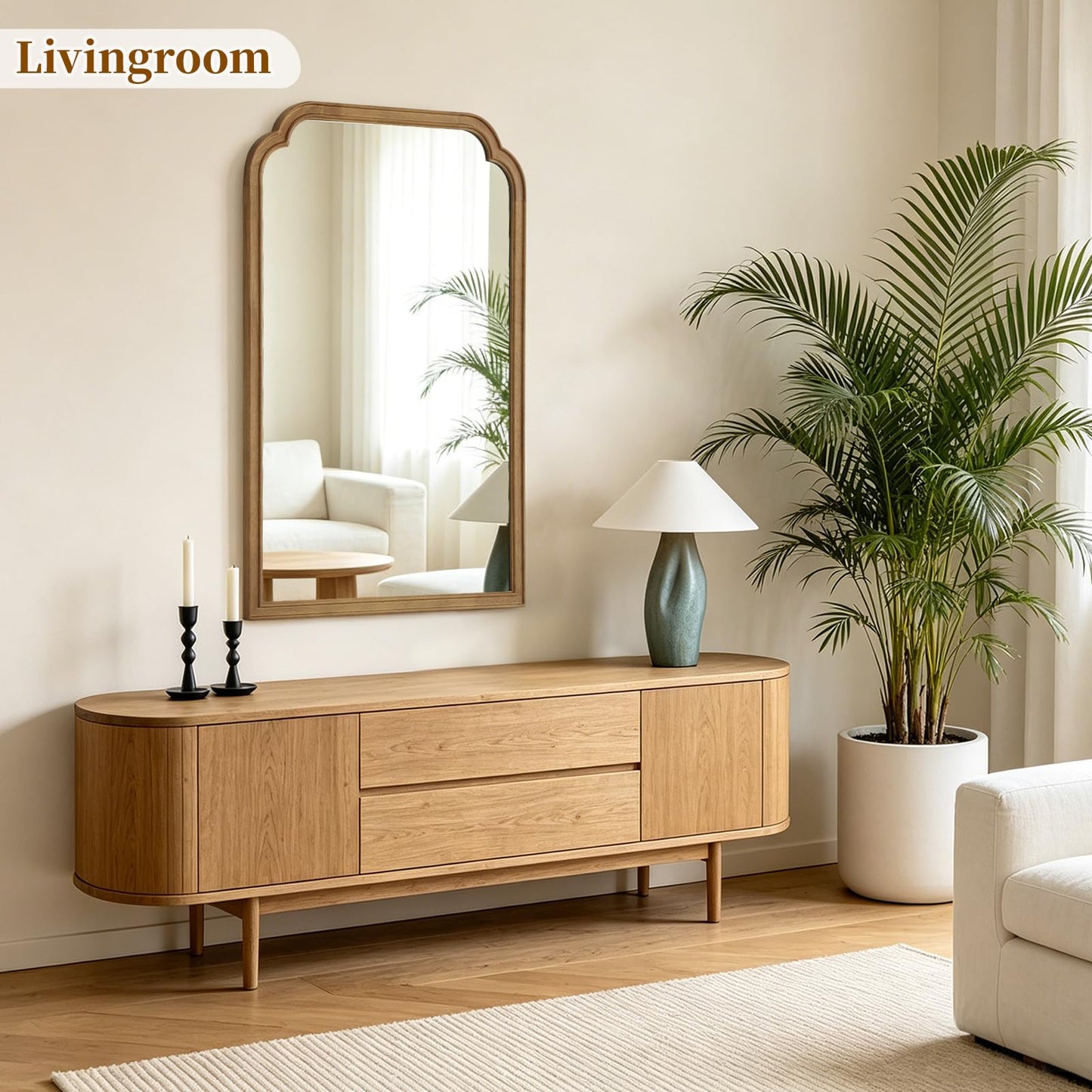 HOMECOOKIN Wood Bathroom Mirrors for Wall Mounted, Rustic Solid Wood Frame Wall Mirrors Decorative for Living Room, Entryway, Bedroom Vanity, Arch Scalloped Farmhouse Mirror(24" x 36",Natural)