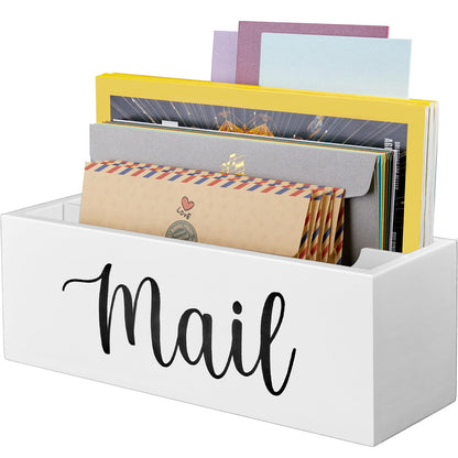 DRASTAR Mail Organizer, Mail Holder with 2 Slots, White Mail Basket for Wall Mount, Wooden Desk Mail Organizer, Envelope Holder for Home Office Decor