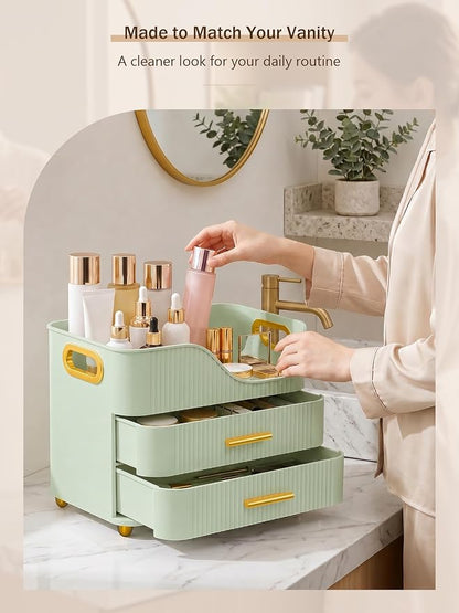 Booklov Countertop Makeup Organizer with Drawers, 3 Tier Large Cosmetic Storage Box for Vanity, Bathroom Counter, Dresser, Skincare Display Case for Lipsticks, Beauty Palettes, Teen Girl Gifts, Green
