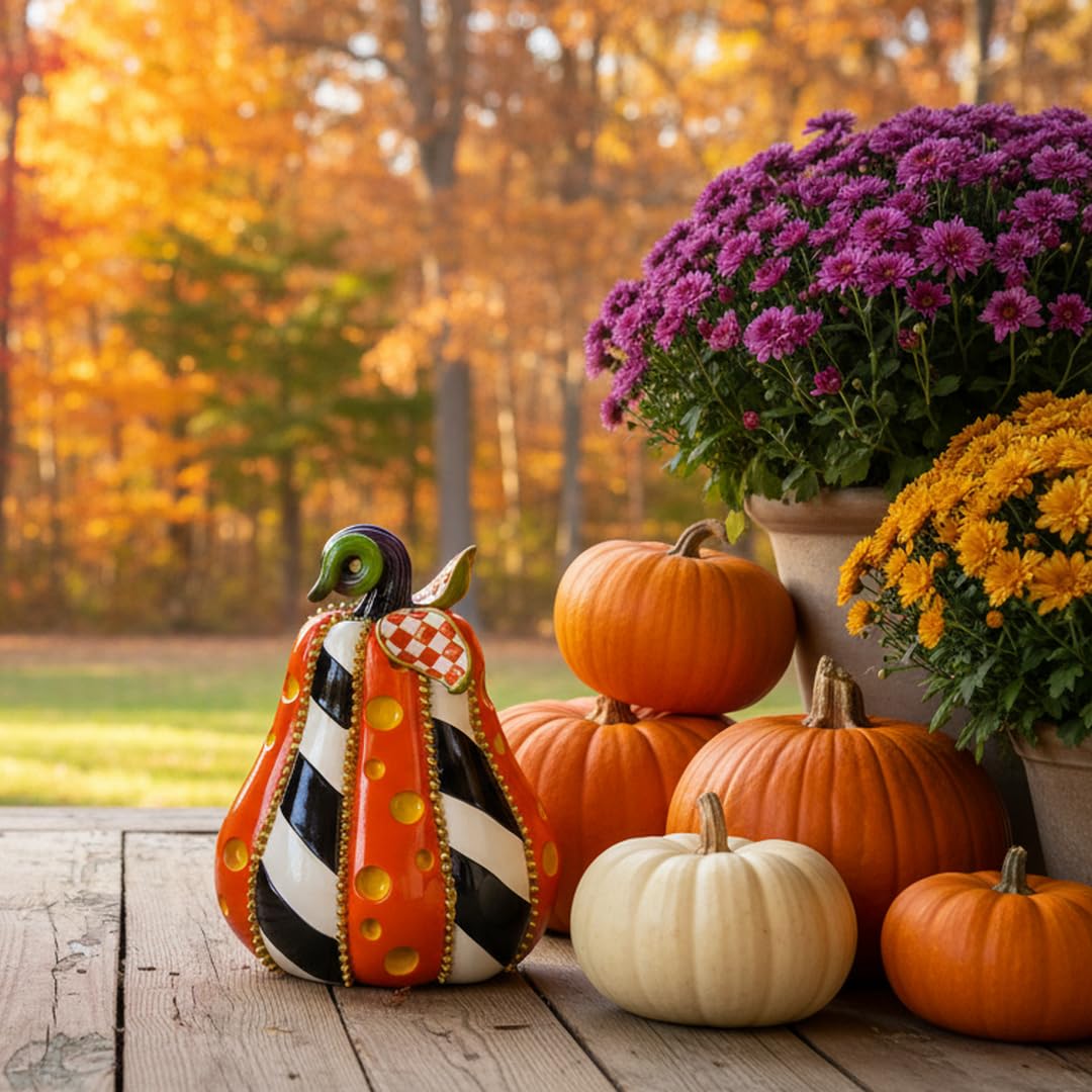SEAKINGDOM YHH Premium Handmade Pumpkin Statue - 8 Inch Fall Harvest Decor, Resin Sculpture for Thanksgiving Centerpiece, Halloween Tabletop, Mantel & Bookshelf Display (Orange)
