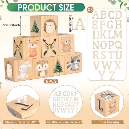 Wonderjune Custom Woodland Animals Wooden Name Sign, 8 Animals Block with 78 Letter Name Cubes for Alphabet Wood Signs Playroom Decoration