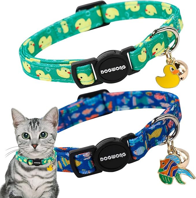 2 Pack Summer Duck Kitten Collar Breakaway with Bell, Adjustable Fish Cat Cotton Collar for Girl Boy Cat and Small Pet，Adjustable Kitten Collar 7-12 Inch