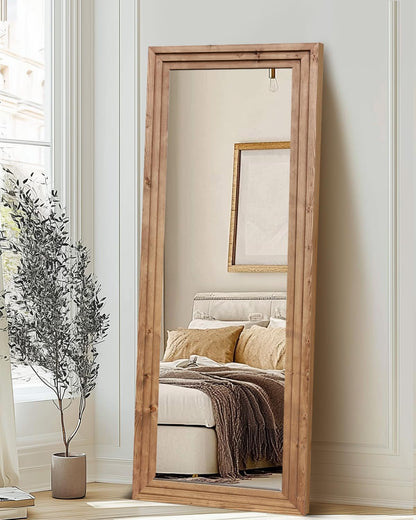 ABSWHLM Full Length Mirror 65"x24" Solid Wood Frame Floor Large Mirror for Living Room, Bedroom Hanging or Leaning Wall-Mounted, Light Brown