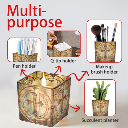 Square Glass Vanity Organizer Religious Cross Altar Ofrenda Qtip Holder Makeup Brush Holder Pen Cup Tealight Candle Holder Table Decor Green