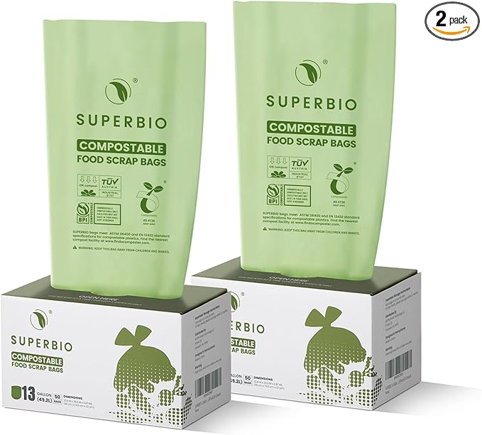 SUPERBIO 13 Gallon Flat Top Compostable Food Waste Bags, 2 Pack, 0.87 Mil