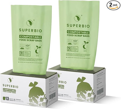 SUPERBIO 13 Gallon Flat Top Compostable Food Waste Bags, 2 Pack, 0.87 Mil