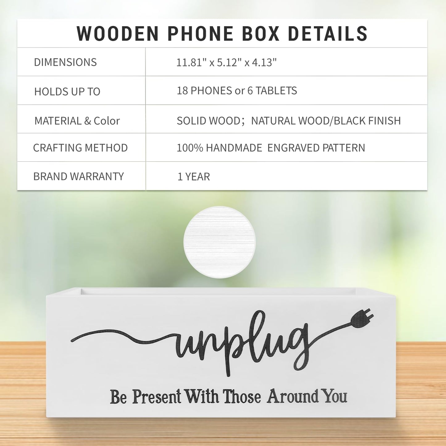 Bamboo Wood Phone Box – Unplug from Phones, Tablets, and Electronics for Study, Meetings, and Family Time, Phone Holder Organizer with Charging Holes, Farmhouse Style, Holds Up to 18 Phones-White