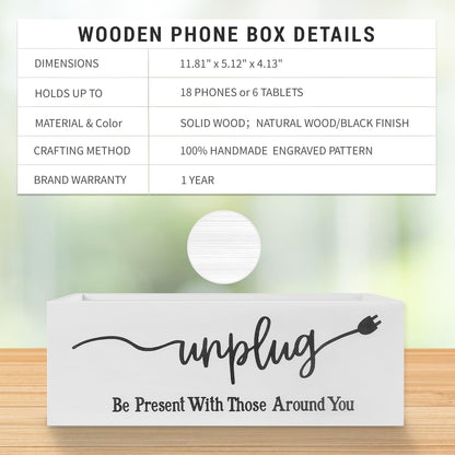 Bamboo Wood Phone Box – Unplug from Phones, Tablets, and Electronics for Study, Meetings, and Family Time, Phone Holder Organizer with Charging Holes, Farmhouse Style, Holds Up to 18 Phones-White