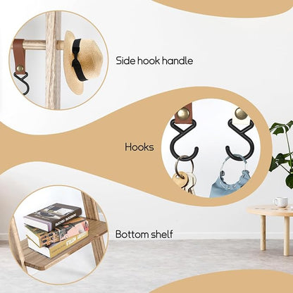 Wooden Ladder with Shelf for Room Decor, 6-Tier Decor Ladder with Non-Slip Mat & Hooks, Farmhouse Style Leaning Wall Display Holder
