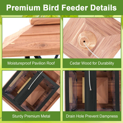 Cedar & Metal Frame Bird Feeder for Outdoors Hanging Mount Large Capacity, Black Wooden Garden Roof Feeder Lantern Style, Cardinal Bluebird Birdfeeder with Iron Frame Wall for Garden Decor Durable