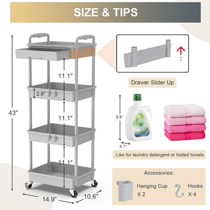 Goovilla 4 Tier Rolling Utility Cart Organizer with Removable Drawer, Stable and Sturdy Grey Rolling Storage Carts with 2 Lockable Wheels for Bathroom, Kitchen, Snack, Craft, Makeup, Baby Essentials
