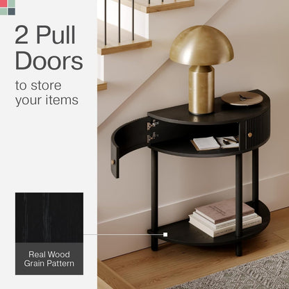 Stead Entryway Table Fluted Half Moon Console - Semicircular, Black Oak Veneer - Hidden Storage with Two Fluted Doors & Brass Knobs - Modern Narrow Console Table for Living Room & Hallway