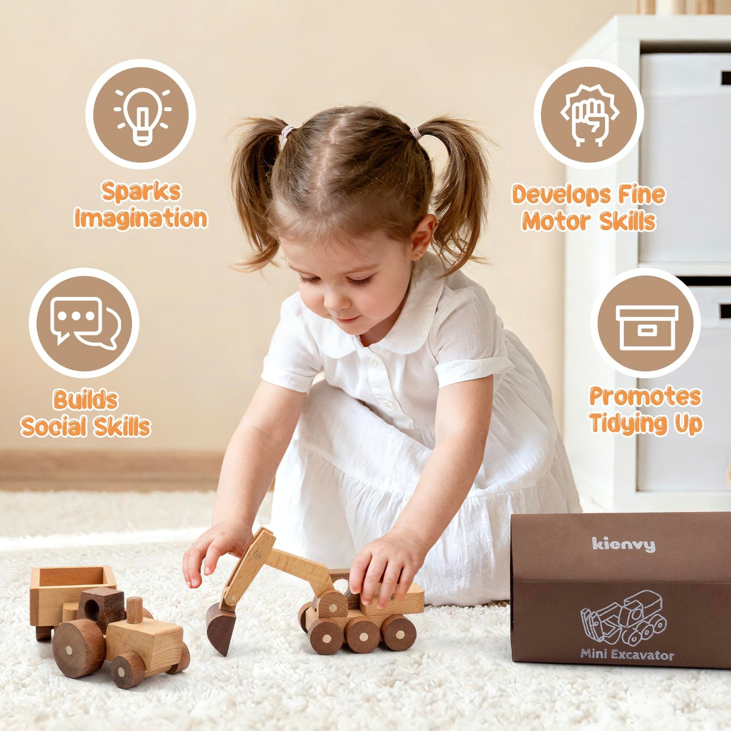 kienvy Wooden Toy Cars for 3 Year Old Boys & Girls - Construction Vehicles Set Push Toys for Toddlers, Wood Montessori Car with Rolling Wheels, Natural Wood Toys (Excavator & Tractor)