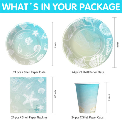 HIPVVILD Seashell Beach Party Decorations, Beach Seashell Birthday Party Supplies, Plate, Cup, Napkin, Tablecloth, Tableware, Sea Shell Party Supplies For Birthday Baby Shower Wedding Party | Serve 24