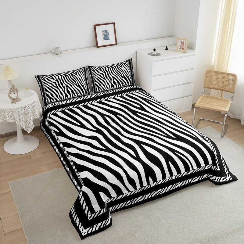 Manfei Zebra Print Comforter Set King Size, Wild Animal Skin Print Bedding Set 3pcs for Kids Boys Girls Bedroom Decor, Black and White Quilt Set Soft Polyester Duvet Set with 2 Pillowcases