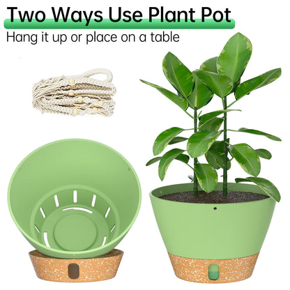 ZMTECH 2 Pack 10 Inch Hanging Planters with Macrame Plant Hanger for Indoor and Outdoor Plants, Self Watering, Drainage Hole, Visible Level Tray, Green